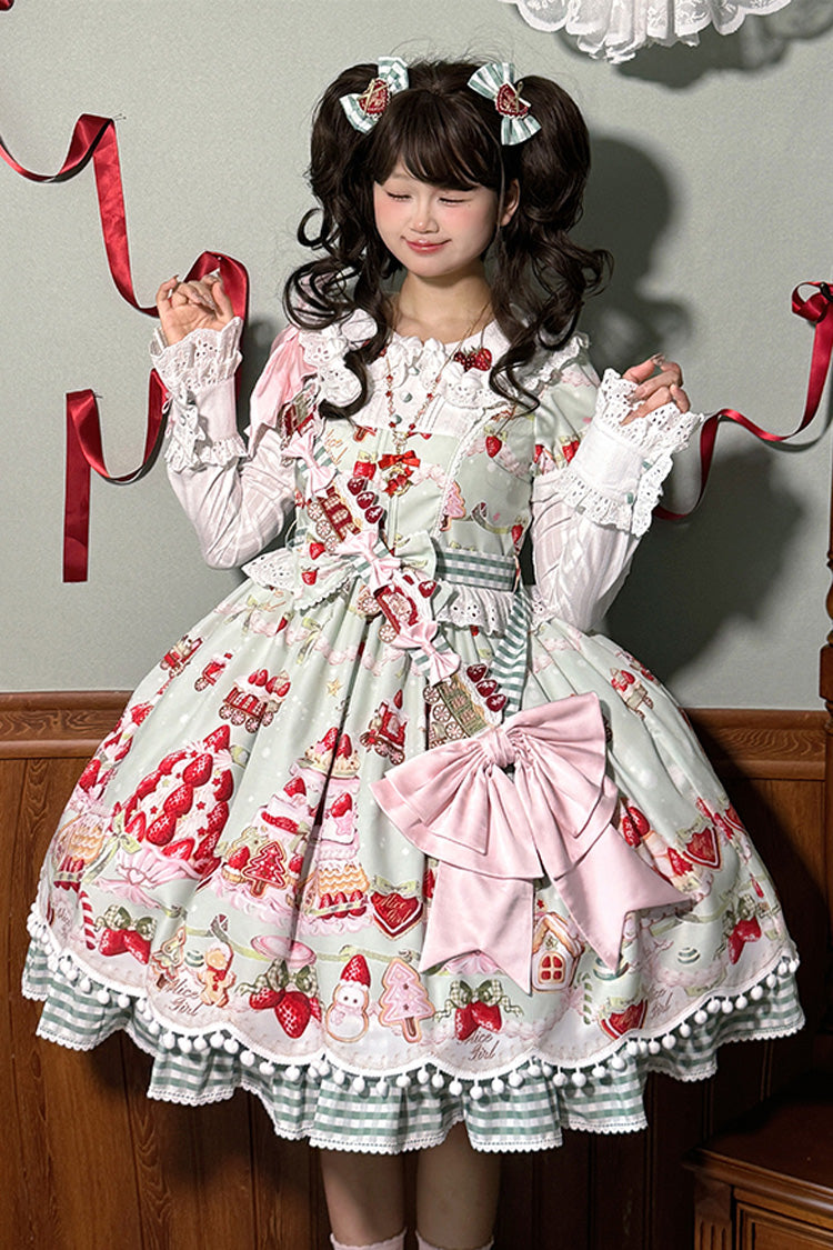 Mint Strawberry Dessert Printed Sweet Lolita Dress - Doll Collar Short Sleeved