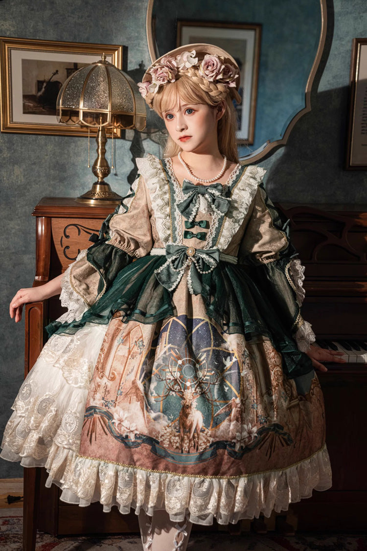 Emerald Stunning Short-Sleeve Frill Bow Print Classic Gown