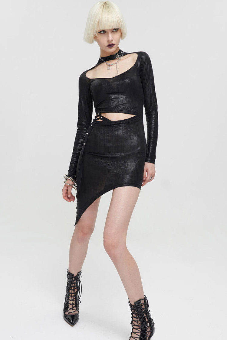 Knitted Fine Grain Shine Waist Cutout Rivet Asymmetric Sleeve Gothic Dress