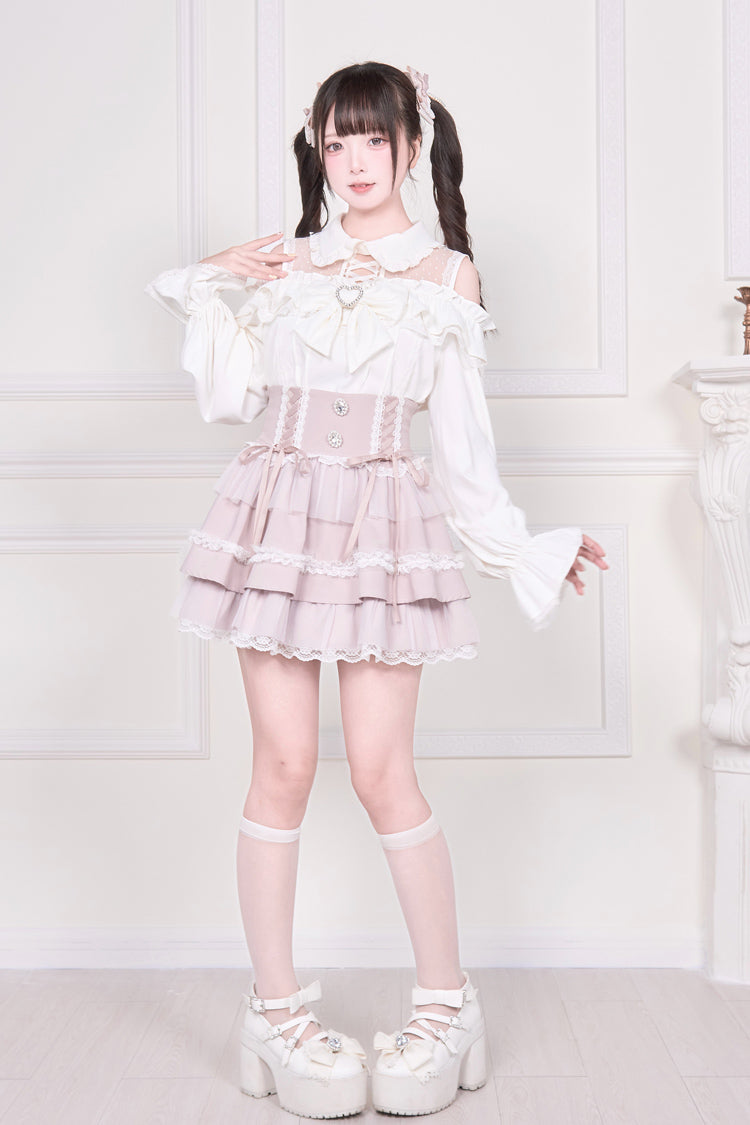 Off Shoulder Bowknot Lace-Up Print Long Sleeve Jirai Blouse in Three Colors