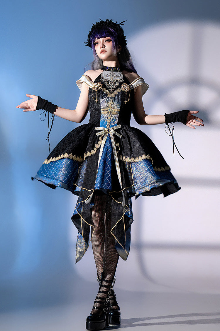 Black Blue Universe Off Shoulder Halterneck Sleeveless Embroidered Cardigan Gothic Princess Dress