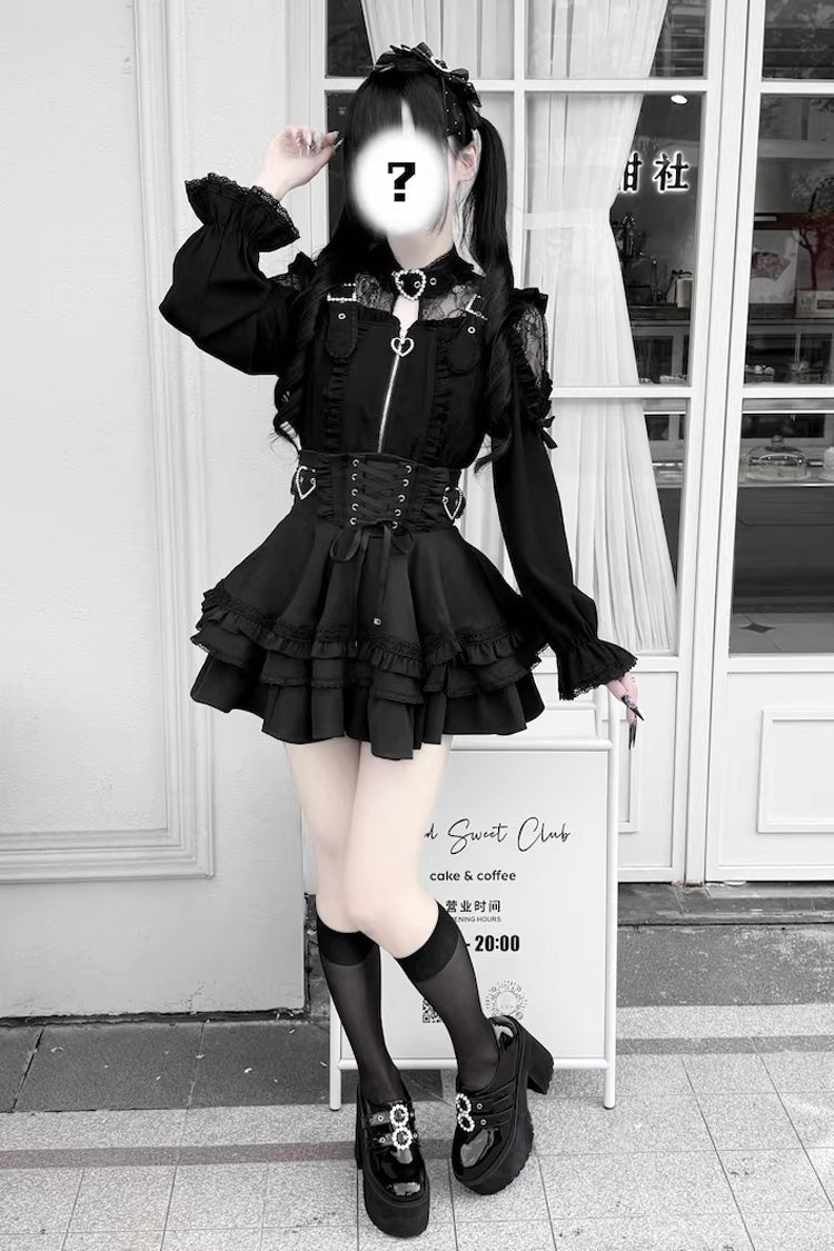 Stand Collar Sleeveless Ruffled Lace-Up Skirt and Blouse Set