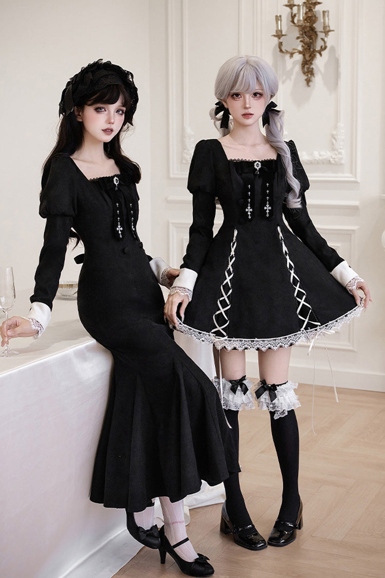 Rose Doll Square Collar Lace-Up Gothic Lolita Dress Set with Bow