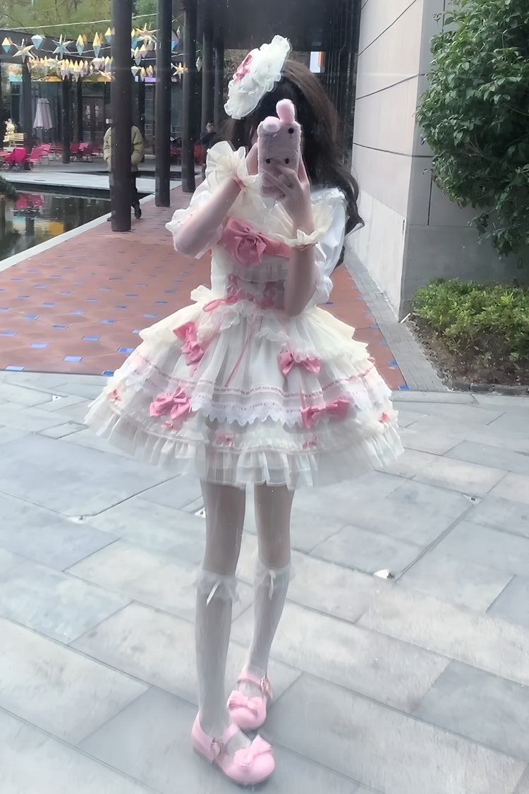 Sleeveless Multi-Layer Ruffle Bow Lace Sweet Princess Ballet Lolita Jumper Dress - Apricot Pink