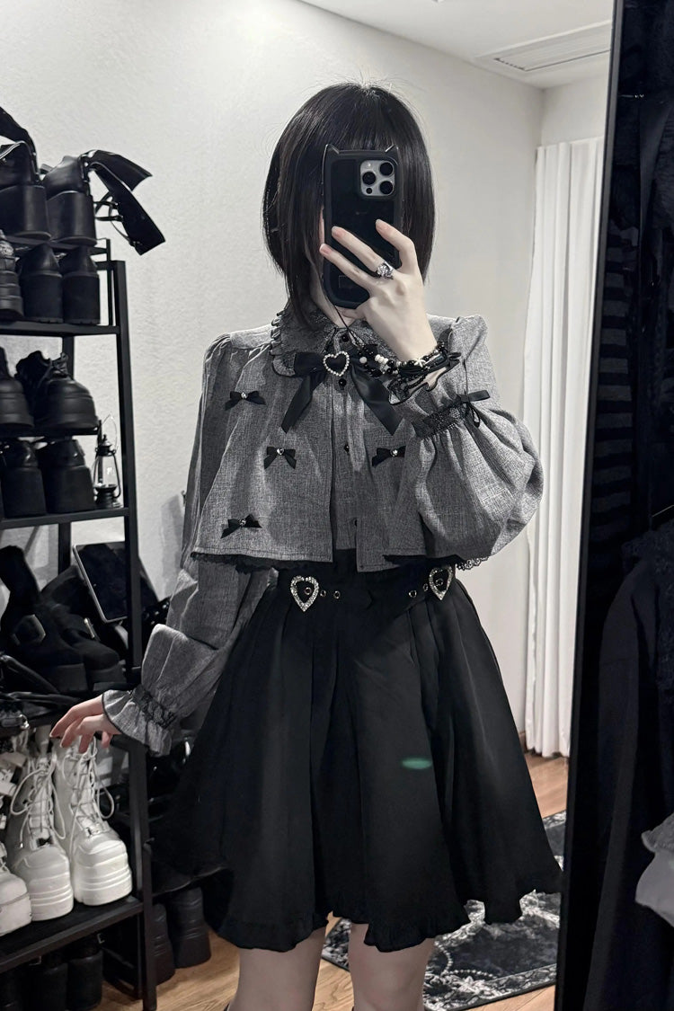 Double Heart Buckle Long Sleeve Ruffled Jirai Kei Set