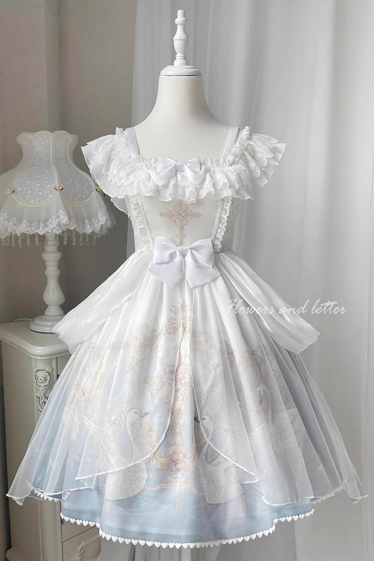 Swan Lake Print Ruffle Bowknot Elegant White Blue Lolita Jsk Dress - Flower and Letter