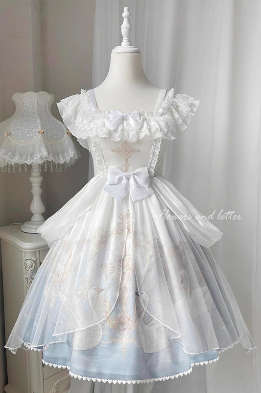 Swan Lake Print Ruffle Bowknot Elegant White Blue Lolita Jsk Dress - Flower and Letter