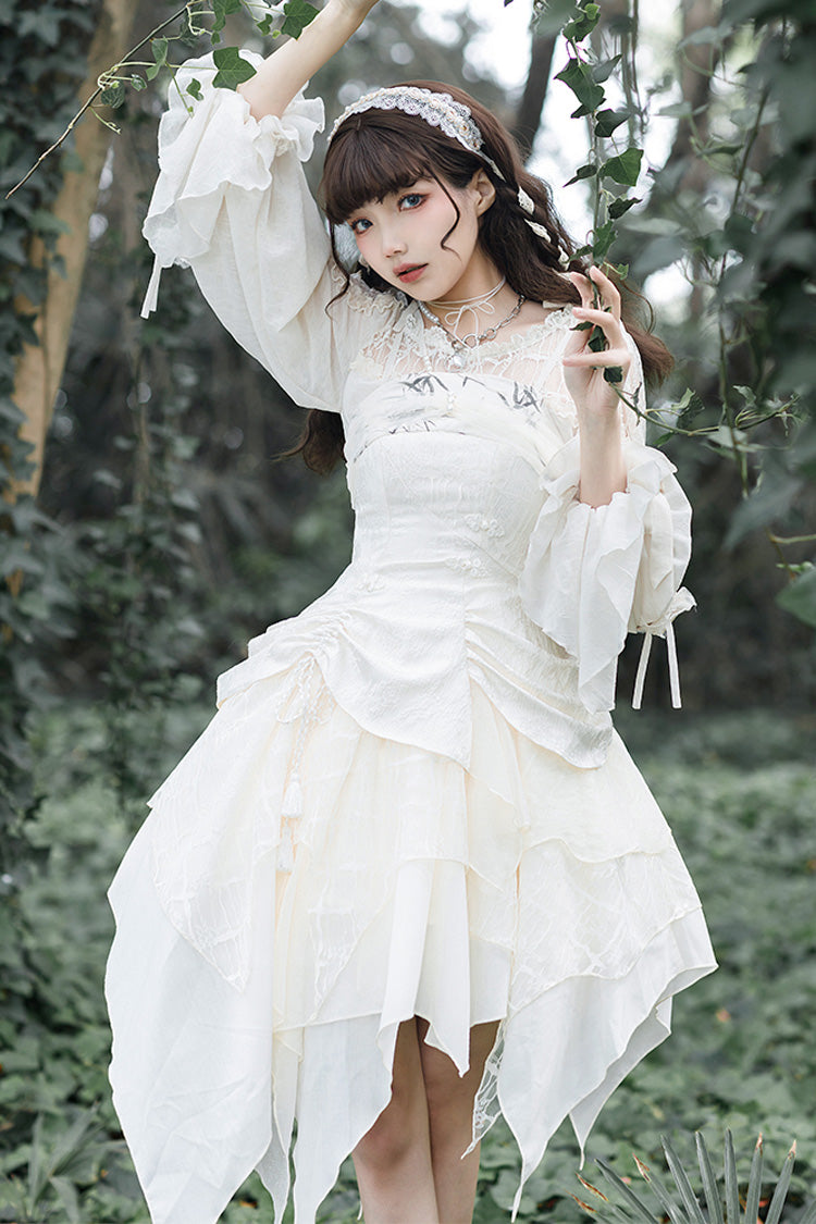 White Layered Bow Elegant Asymmetric Princess Lolita Dress