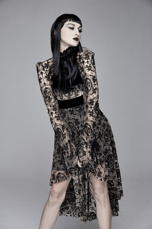 See-Through Printed Velvet Belted Gothic Dress with Tie