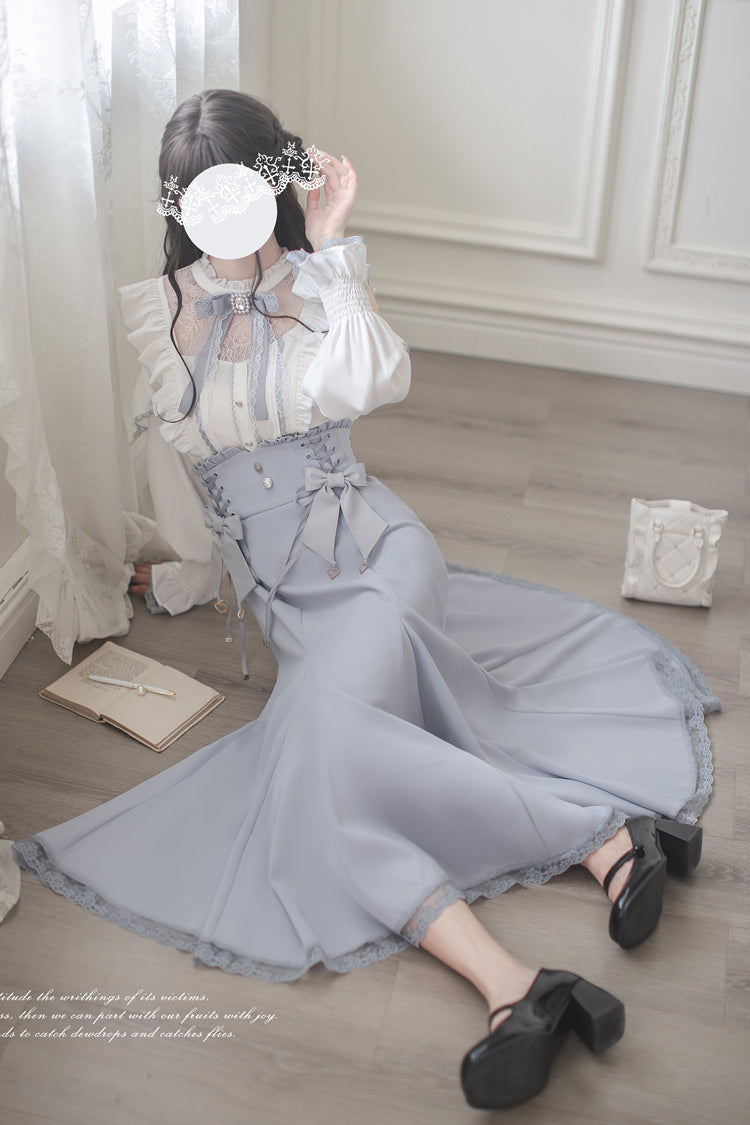 Navy Slim-Fit Sweet Lolita Fishtail Dress with Bowknot Accents