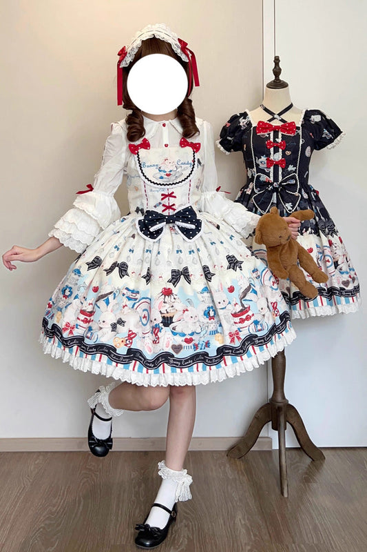 Sleeveless Print Ruffle Bowknot Lace Sweet Lolita Jsk Dress Beige