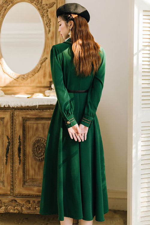 Navy Vintage Lapel Collar High-Waisted Long-Sleeve Classic Lolita Dress