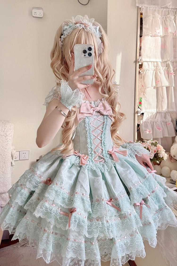 Green Sleeveless Ruffled Bow Lace-Up Sweet Elegant JSK - Flora Isle Butterfly