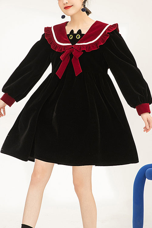 Noir Velvet Cat-Eye Neck Sweet Lolita Dress with Long Sleeves