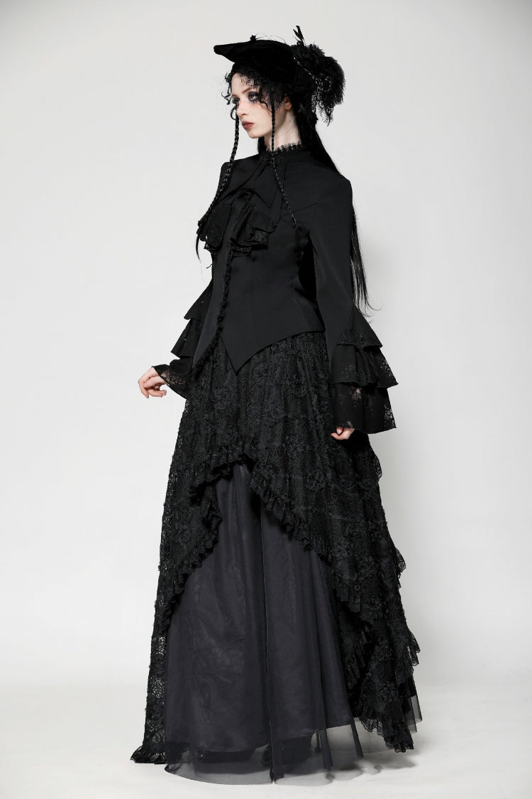 Multi-Layered Ruffled Stand Collar Long Flared Sleeve Gothic Blouse for Women Lace