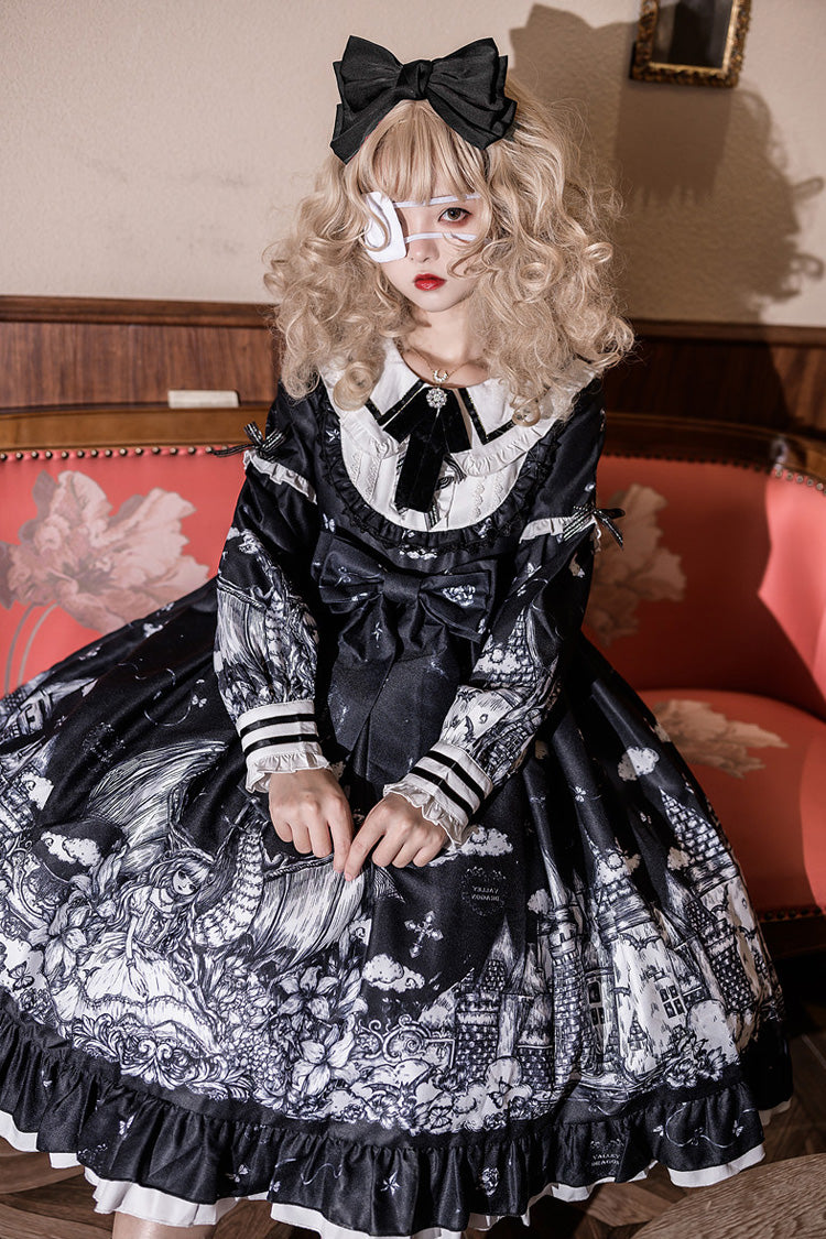 Long-Sleeve Ruffled Bow Gothic Dress in Black