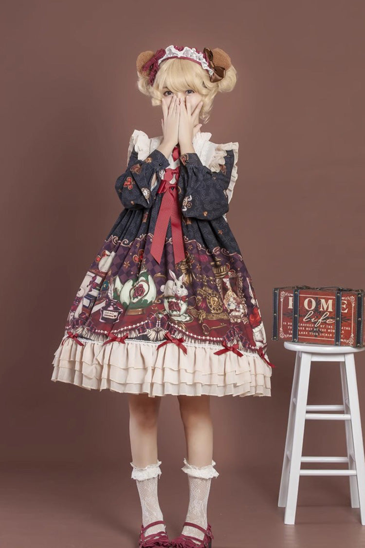 Multi-Layered Sweet Lolita Dress with Bowknot and Print - Rabbit and Bear Feast, 2 Shades
