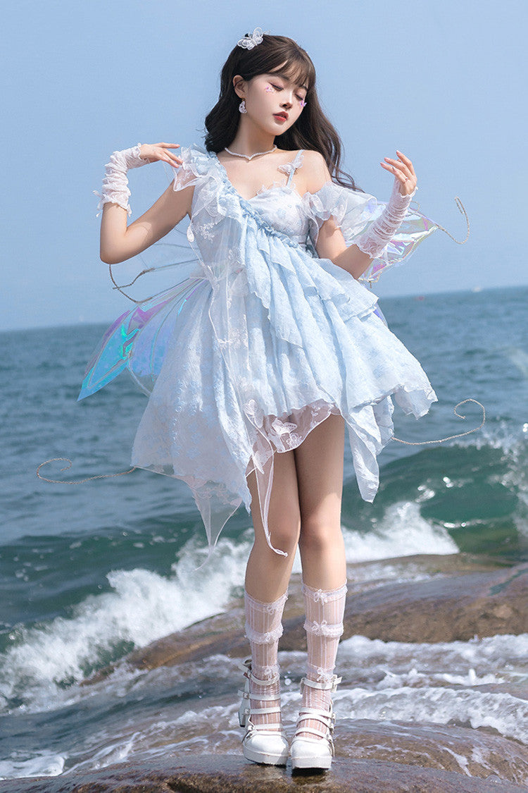 Blue Summer Bubbles Sleeveless Ruffle Embroidered Lace Irregular Short Jsk Dress