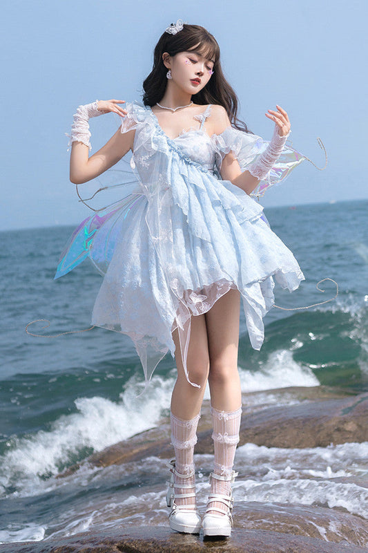 Blue Summer Bubbles Sleeveless Ruffle Embroidered Lace Irregular Short Jsk Dress