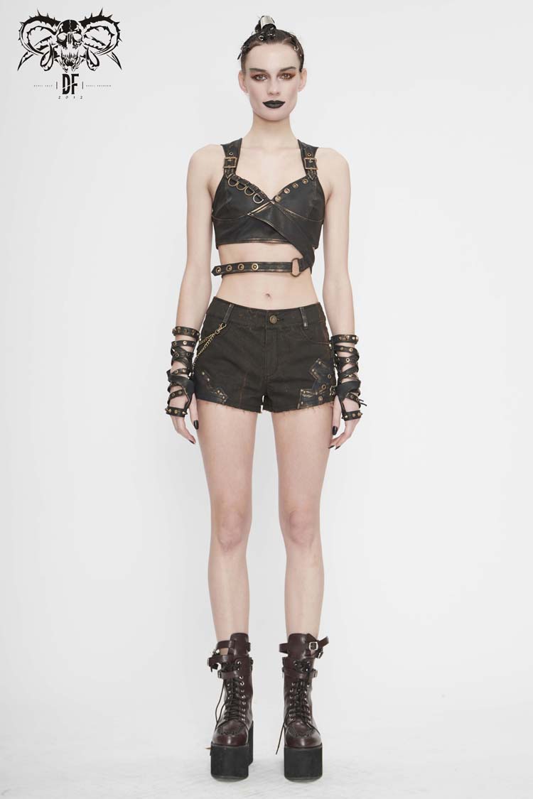 Vintage Hand Wiped Leather Shoulder Loop Backless Lace-Up Punk Waistcoat