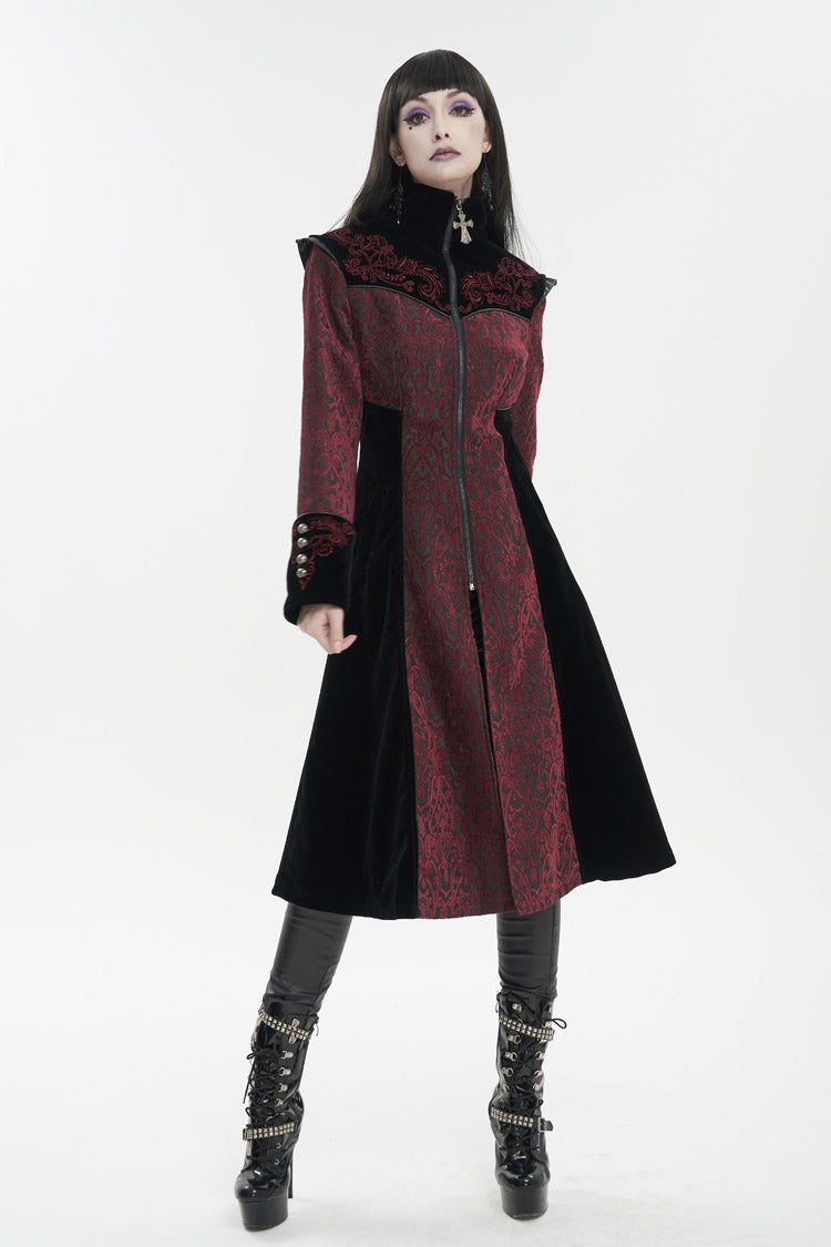 Crimson Studded Jacquard Cross-Embroidered Mushroom Buckle Gothic Jacket