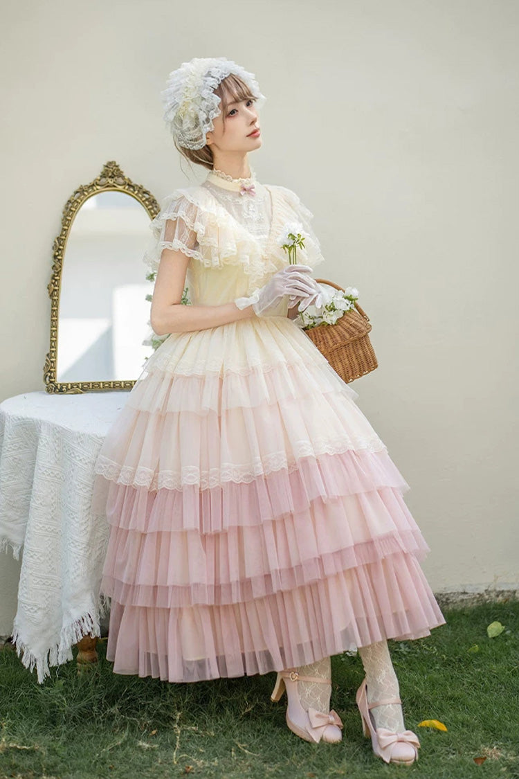 Sweet Lolita Dress with Edwardian Collar and Ombre Ruffles - Pink