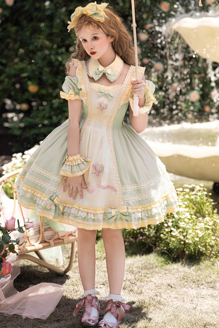 Green Tulip Print Short-Sleeve Ruffle Bow Sweet Lolita Dress