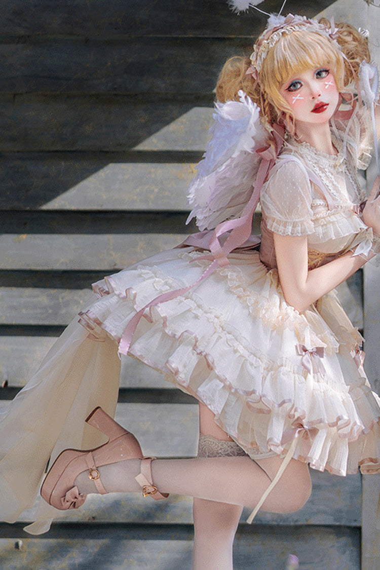 Pink Ballet-Style JSK Dress with Bow and Lace-Up Front
