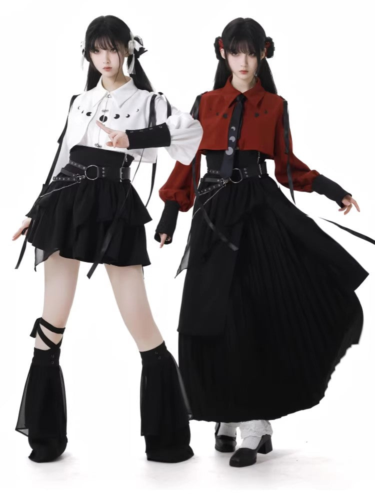 Moonlight Flowing Ruffled Asymmetric Gothic Jirai Kei Skirt Set - White/Black