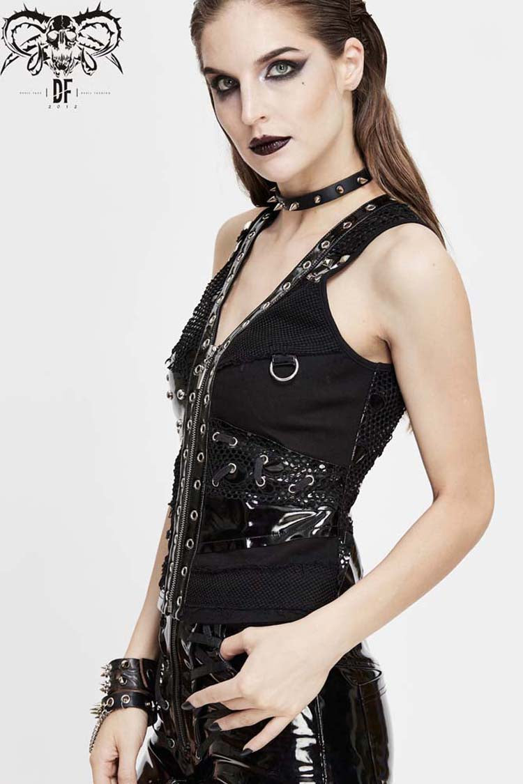 Asymmetrical Mesh Punk Waistcoat with Metal Accents