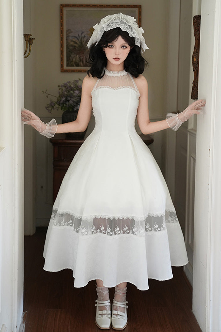 Ivory Off Shoulder Halter Print Ruffle Gothic Elegant Dress