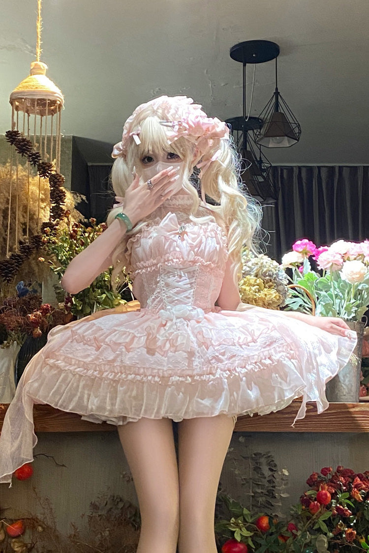Pink Halter Triple Bow Lace Lolita Jumper Dress