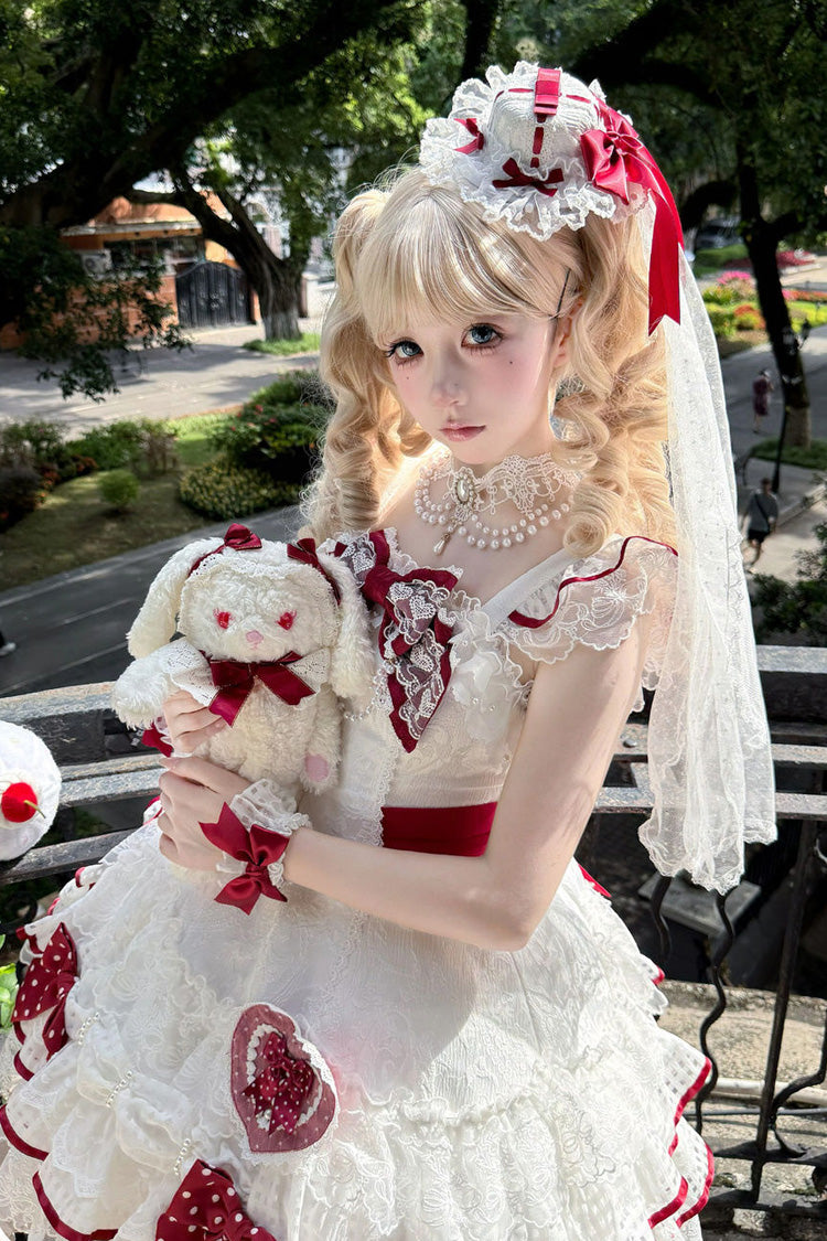 Ivory Polka Dot Love Letter Sleeveless Double Bow Pearl Accent Lolita JSK