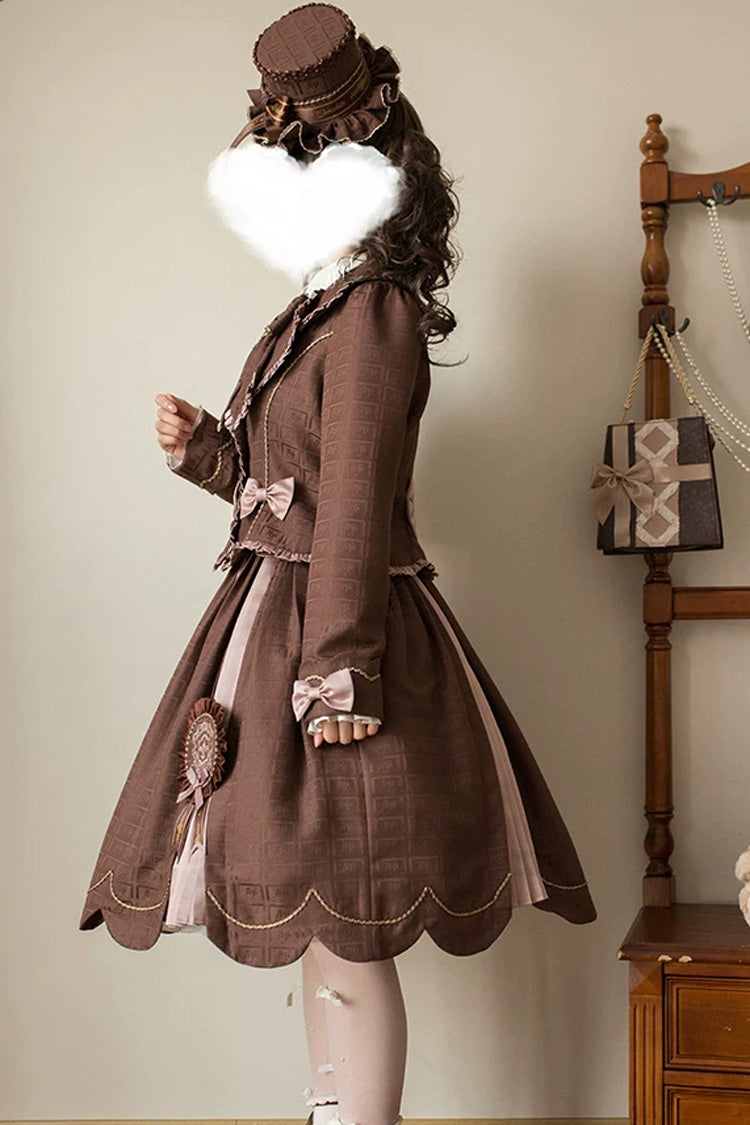 Brown Printed Embroidered Bow Lace-Up Classic JSK Dress & Skirt - Teddy Chocolate Bar