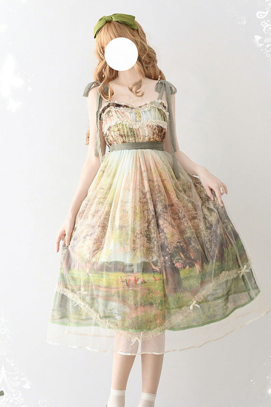 Green Oil Painting Spring Sleeveless Print Ruffle Bow Lace Sweet Jsk Dress