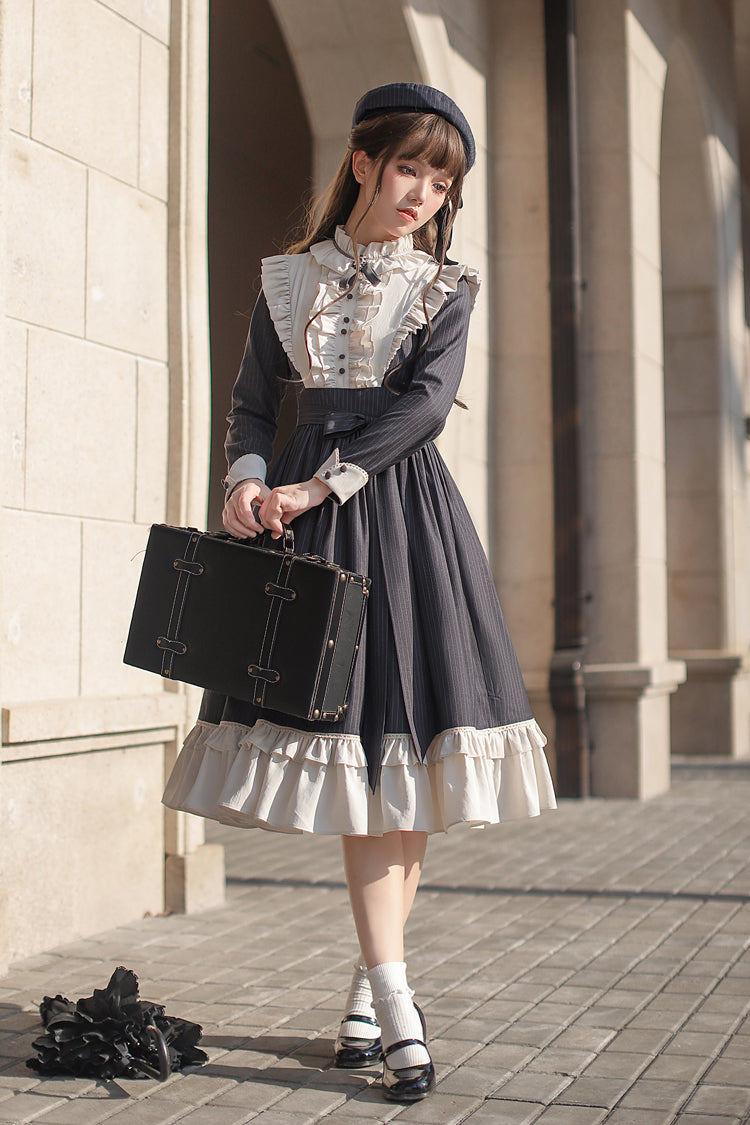 Striped Ruffle Bowknot Long Sleeve College Style Lolita Dress Dark Blue