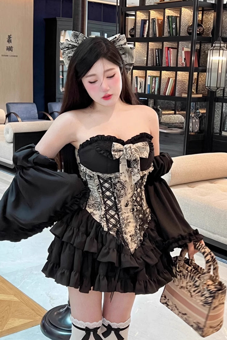 Gentle Treasure Print Ruffle Embroidery Bow Gothic Princess Strapless Dress
