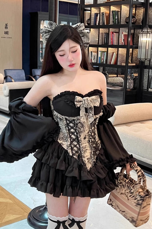 Gentle Treasure Print Ruffle Embroidery Bow Gothic Princess Strapless Dress