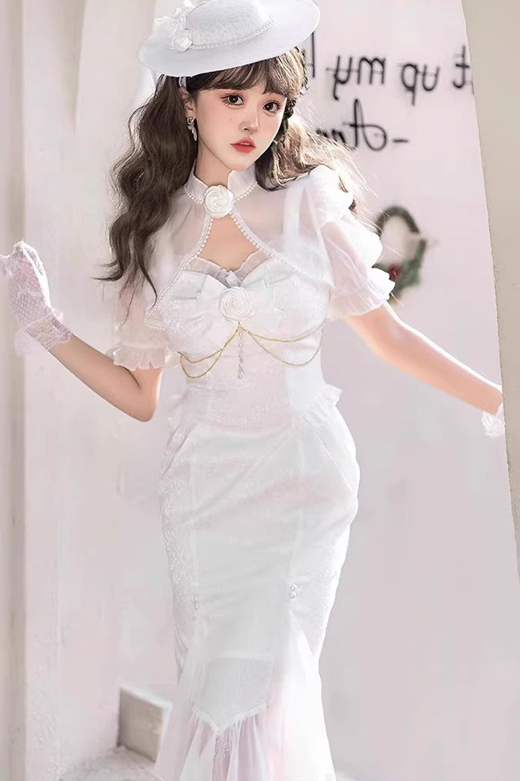 Camellia 1.0 White Sleeveless Jacquard Lace Sweet Fishtail JSK Dress