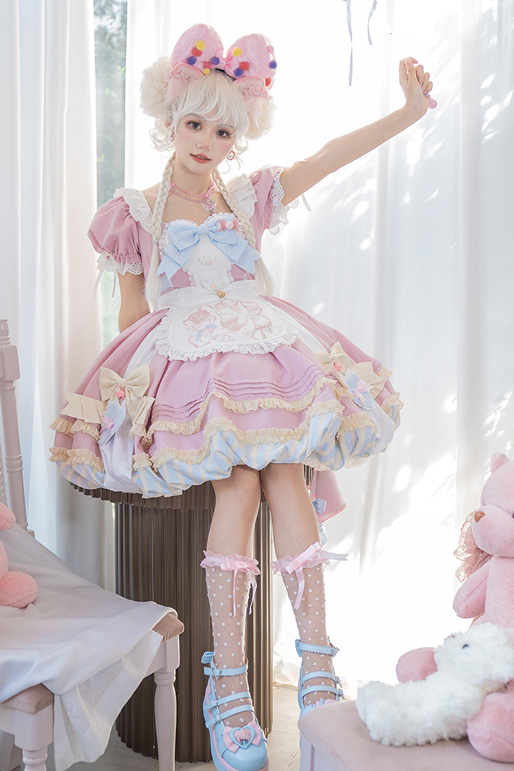 Pink Short Sleeve Print Ruffle Bowknot Lace-Up Sweet Princess Dress Set