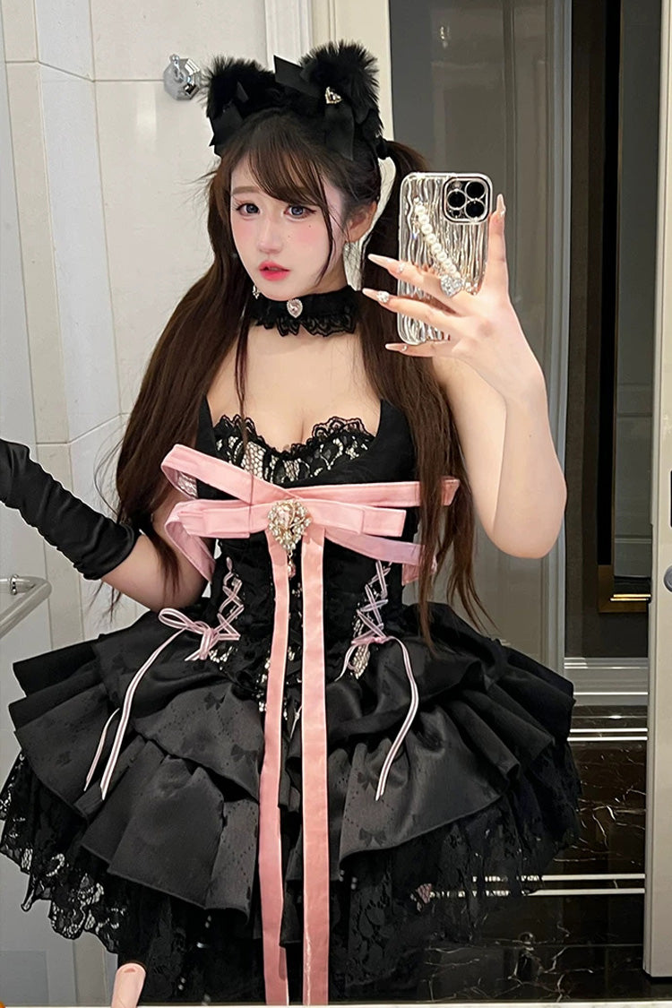 Princess Ballet Gothic Lolita JSK Dress with Ruffled Bow and Lace-Up - Black