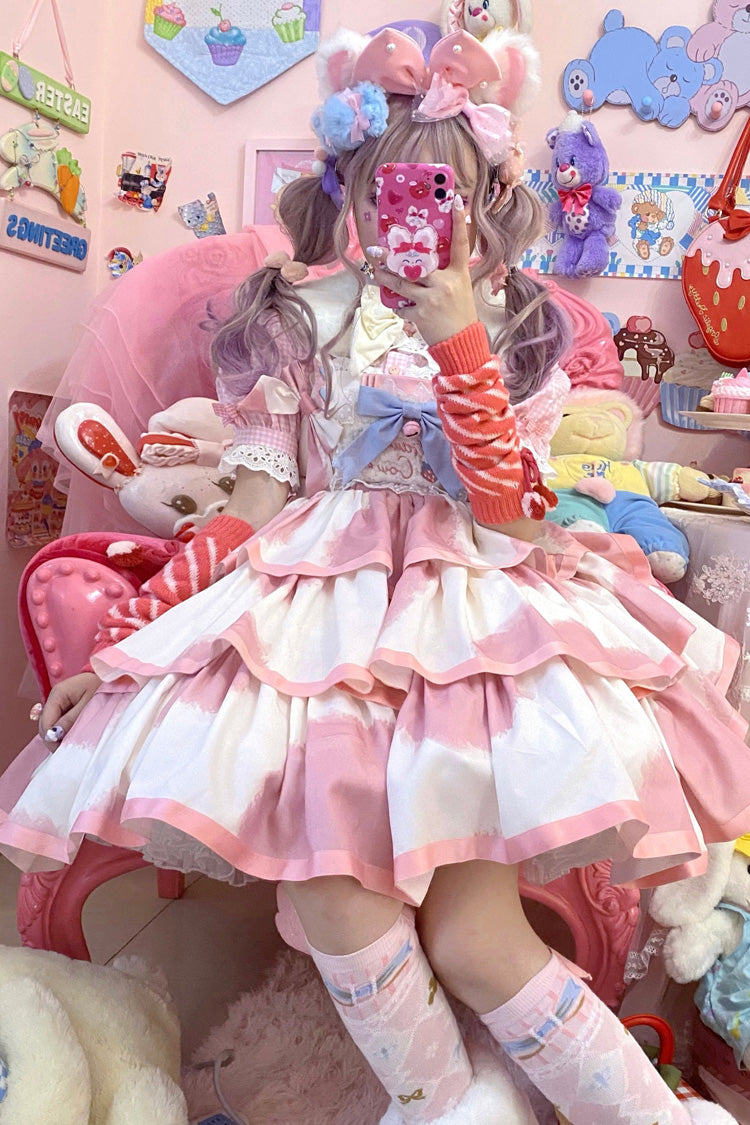 Pink Sleeveless Cow-Print Triple-Layer Ruffle Bow Sweet JSK Dress