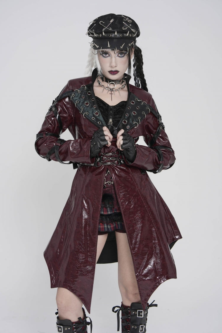 Crimson Lapel Lace-Up Irregular Eyelets Punk Coat