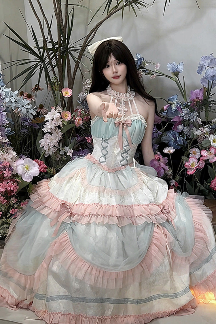 Multi-Color Mermaid Halterneck Lace-Up Sweet Lolita Dress - Ruffled Bowknot