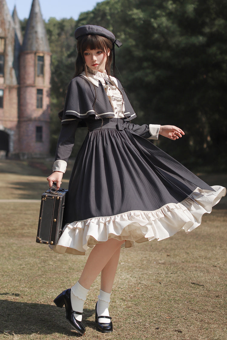 Striped Ruffle Bowknot Long Sleeve College Style Lolita Dress Dark Blue