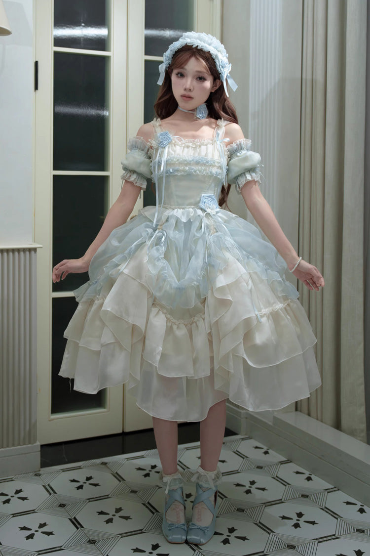 Goodnight Camellia Sleeveless Ombre Multi-Tiered Printed Ruffled Lace Fishbone Sweet Lolita Jumper Dress Three Colors