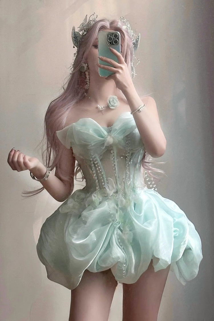 Emerald Fairy Sleeveless Ribbon Pearl Fishbone Sweet Bud Gown