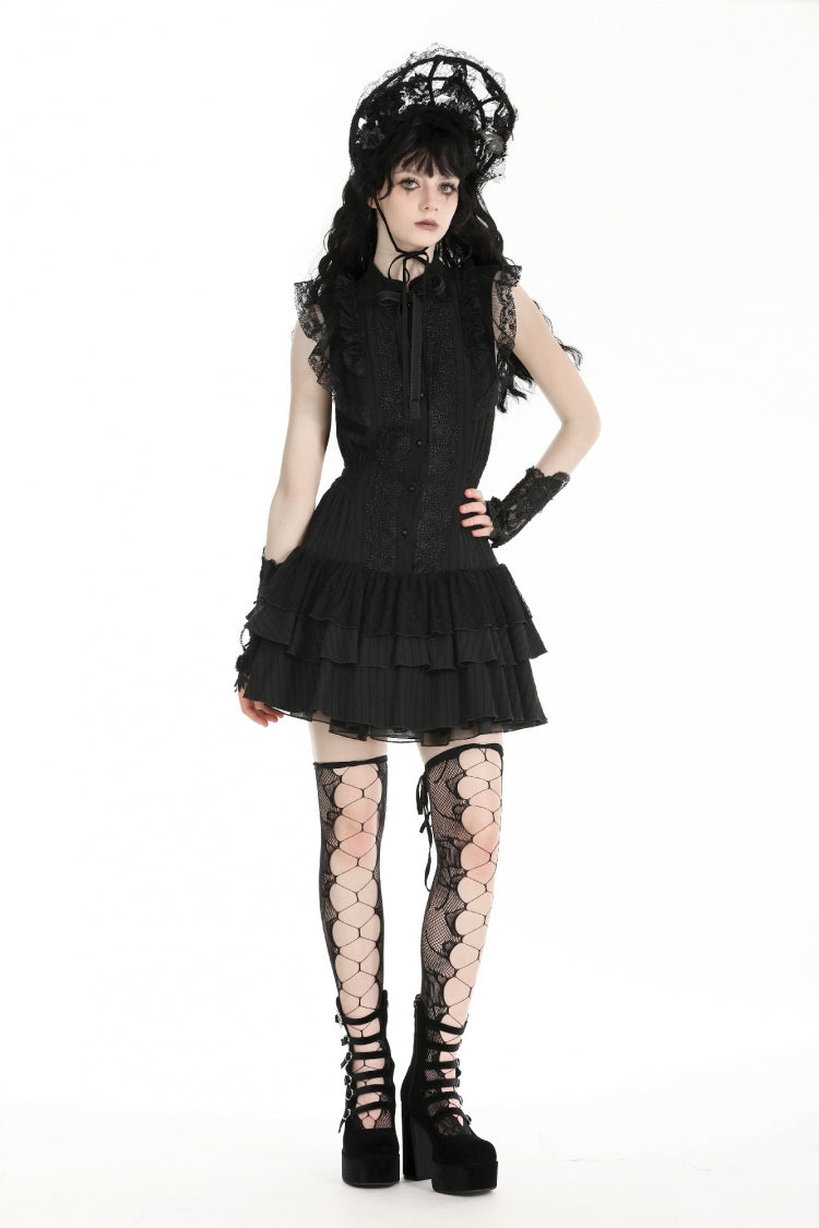 Gothic Sleeveless Black Lace Bow-Accented High-Neck Triple-Tiered Hem Long Dress