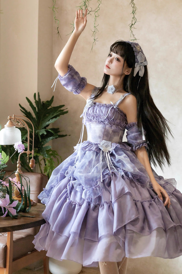 Goodnight Camellia Sleeveless Ombre Multi-Tiered Printed Ruffled Lace Fishbone Sweet Lolita Jumper Dress Three Colors