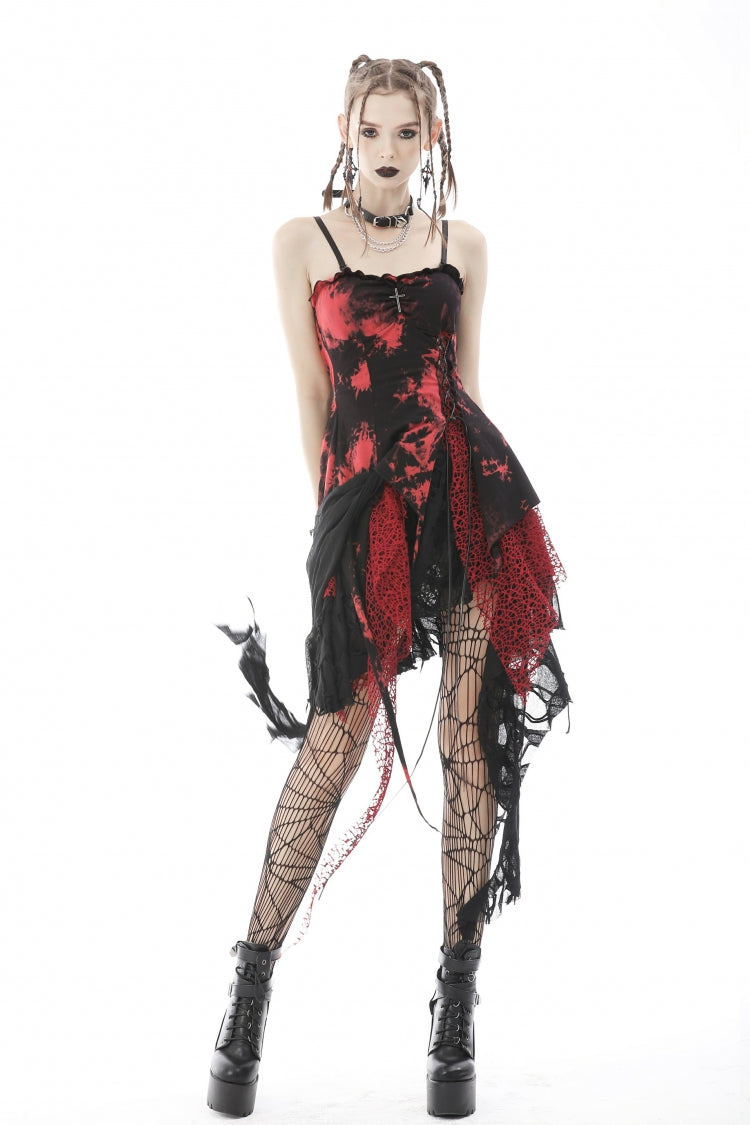 Crimson & Noir Tie-Dye Patchwork Punk Slip Dress with Irregular Hem
